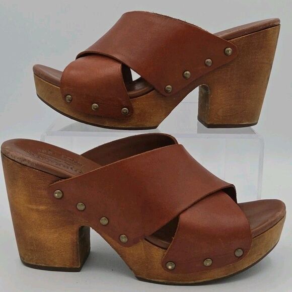 Kork-Ease Brown Leather Wood Mules with Cross-Over Design Size Womens 8 EUC - Picture 1 of 8